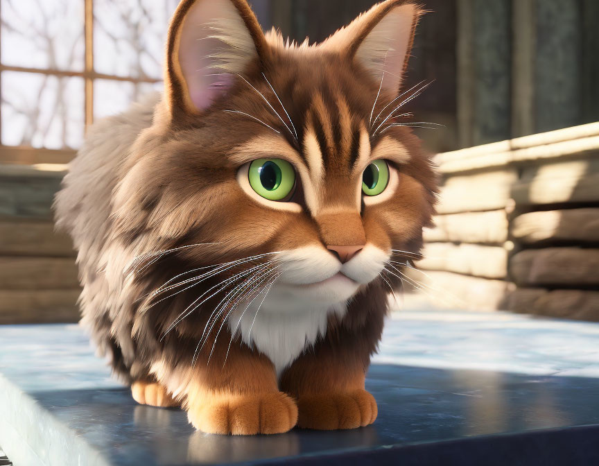 Brown and White 3D Animated Cat with Green Eyes Indoors on Table with Books