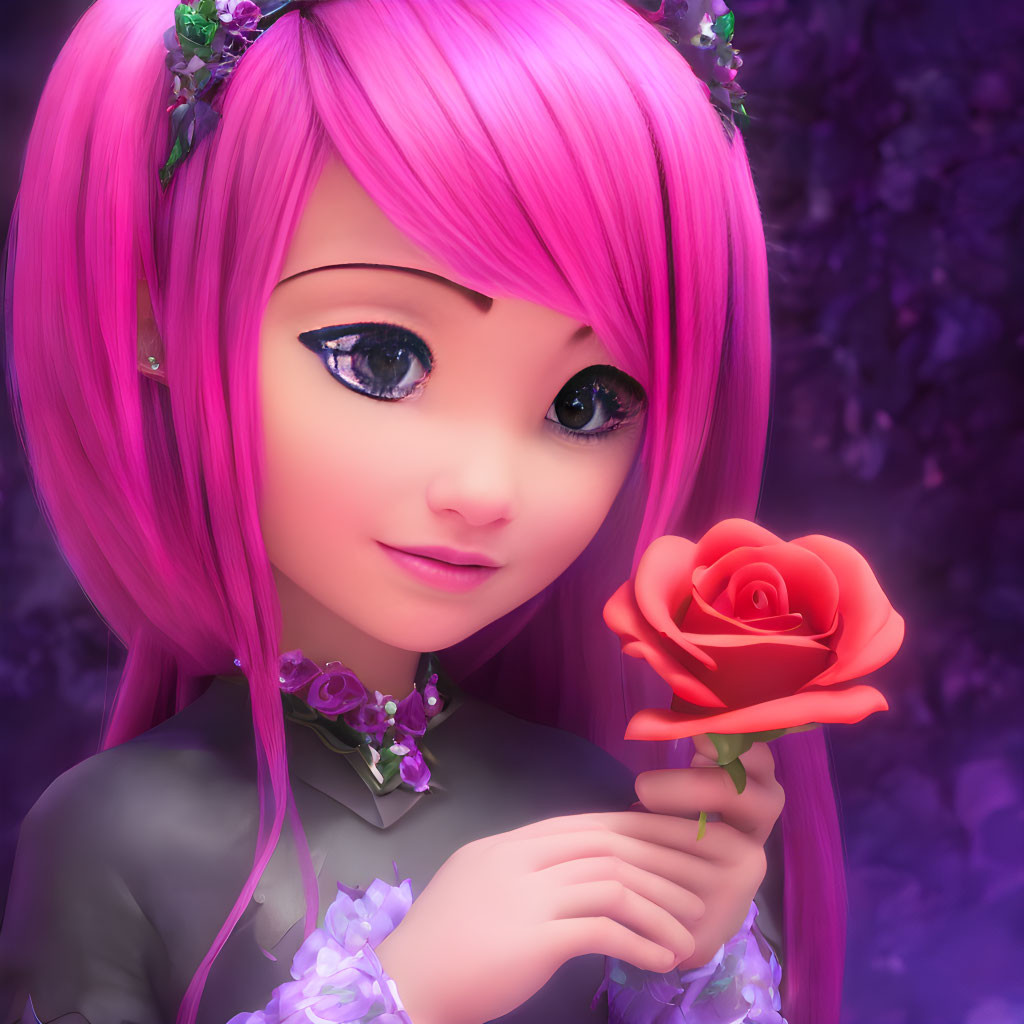 Bright pink hair girl with blue eyes holds red rose on purple background