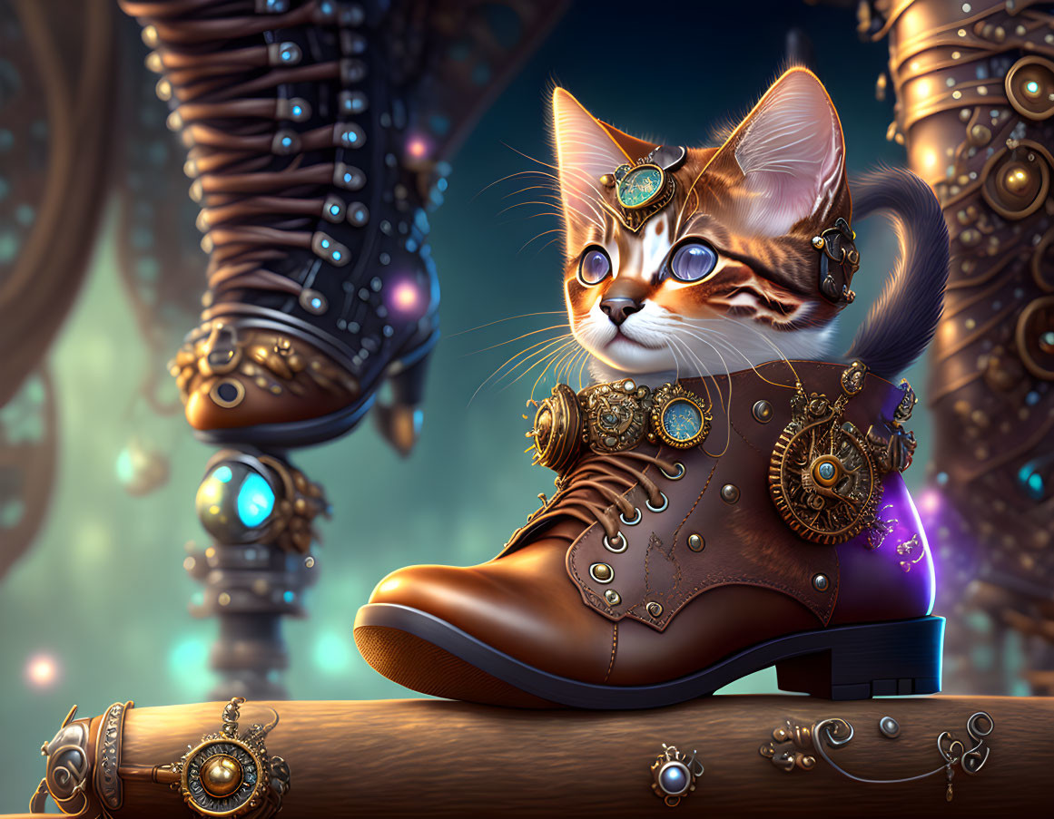 Steampunk-inspired cat with goggles in large brown boot surrounded by gears