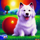 Fluffy White Dog Pixel Art in Vibrant Meadow