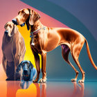 Stylized dogs with exaggerated features and fashion accessories on split pink and blue background