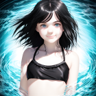 Woman with Blue Eyes and Black Hair in Dynamic Lightning Effects