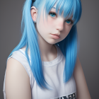Person with Striking Blue Hair and Eyes on Grey Background