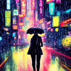 Person with umbrella on rain-soaked street in cityscape at night