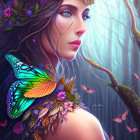 Digital artwork of woman with flowers and butterflies in mystical forest