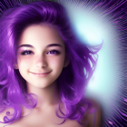 Smiling person with vibrant purple hair on soft blue background