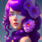 Vibrant purple hair woman with flowers, blue eyes, butterflies on soft blue background