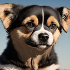 Tricolor Dog with Perked Ears and Brown Eyes on Pale Blue Background