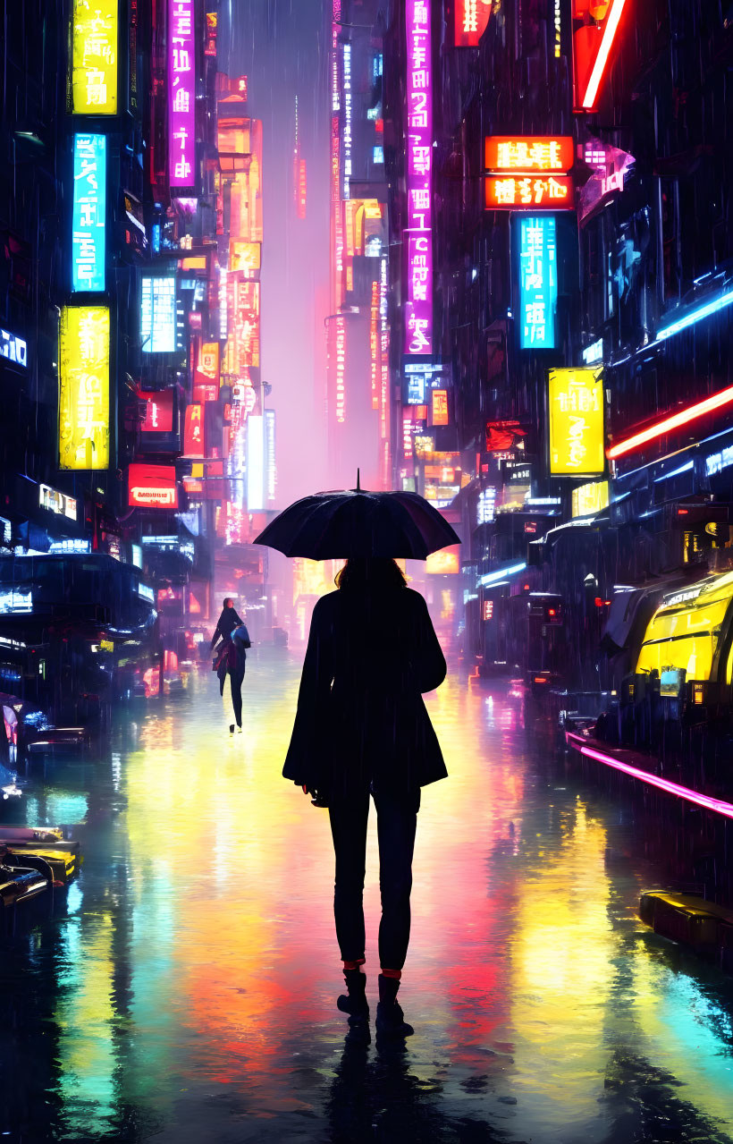 Person with umbrella on rain-soaked street in cityscape at night