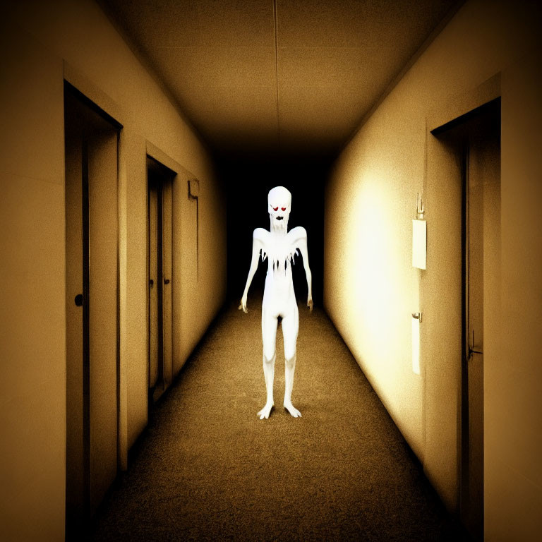Eerie humanoid figure in dimly-lit corridor with multiple doors