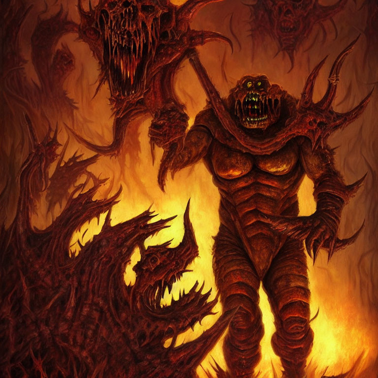 Menacing demon in fiery hellish landscape with warm tones.