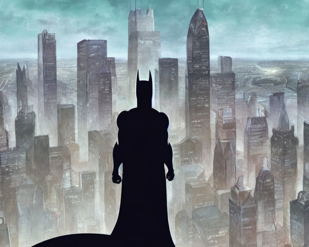 Dark silhouette of superhero in brooding cityscape under stormy sky