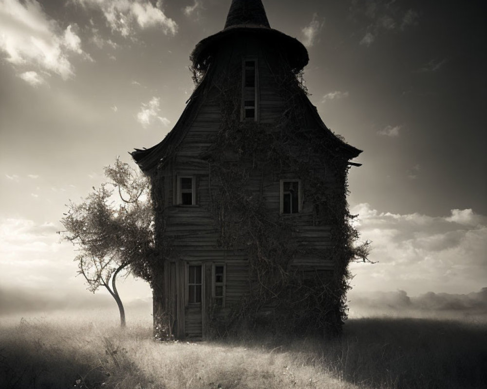 Eerie wooden house in misty field with barren tree under cloudy sky