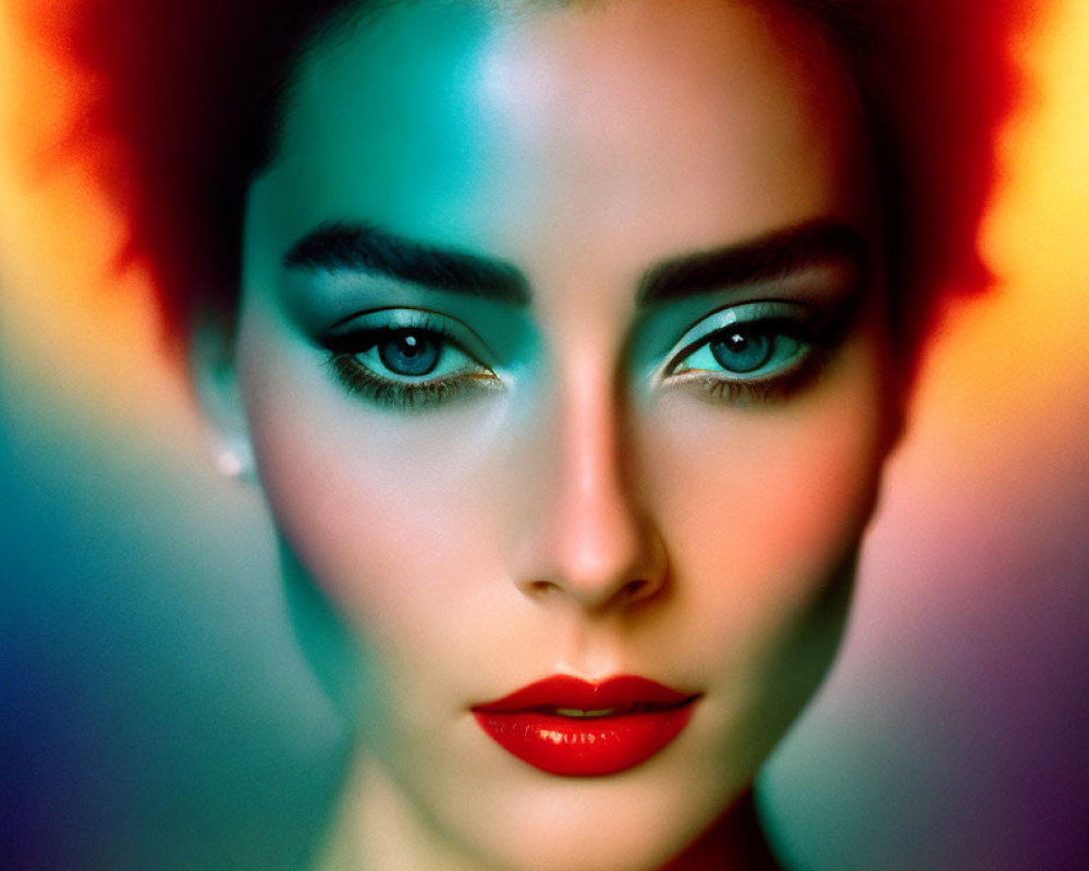 Vibrant red, blue, and orange lighting on woman's face accentuating makeup and features