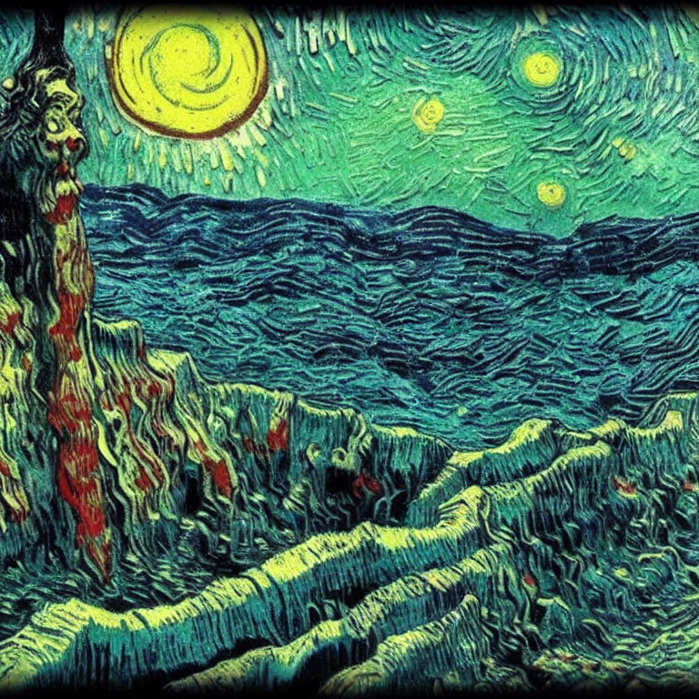 Starry Night Sky Painting with Moon, Village, Hills & Cypress Tree