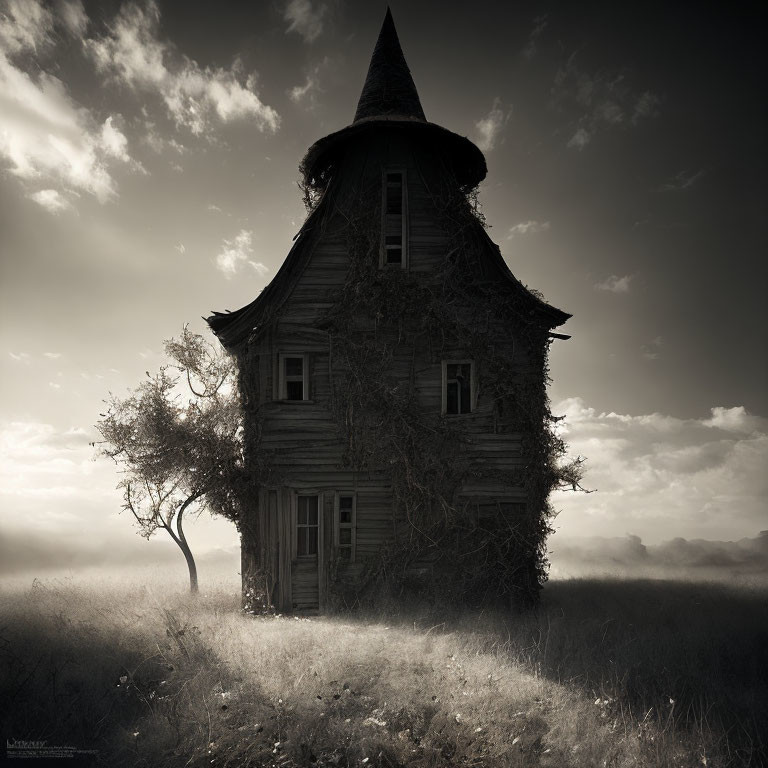 Eerie wooden house in misty field with barren tree under cloudy sky