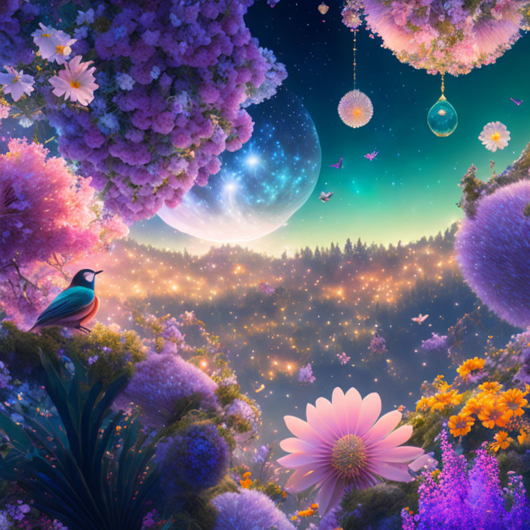 Fantasy landscape with luminescent flowers, bird, floating islands, moon, starry sky