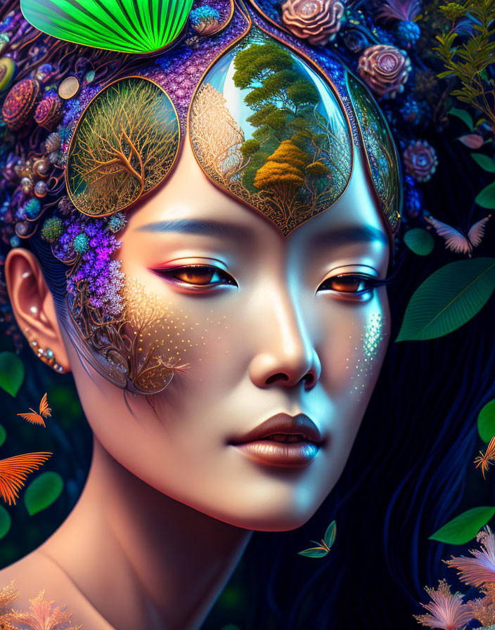 Detailed forest-themed woman illustration with foliage and flowers.