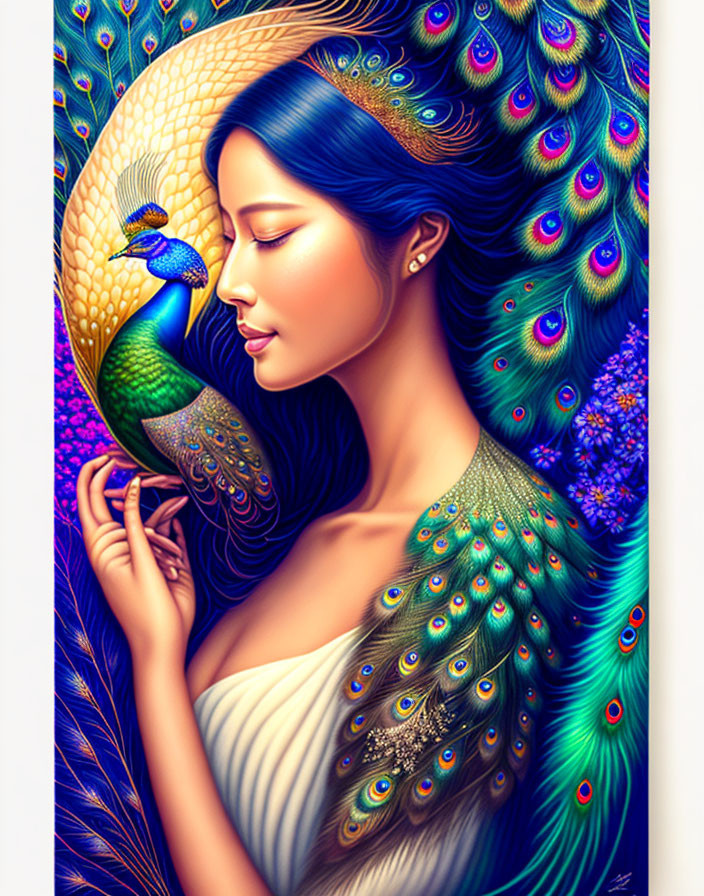 Woman with Peacock-Inspired Plumage in Vivid Blue and Green Hues