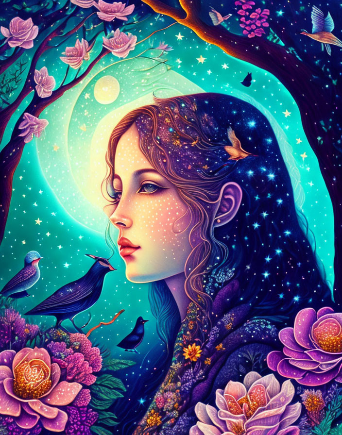 Colorful illustration of woman with stars in hair, surrounded by flowers and birds under moonlit sky