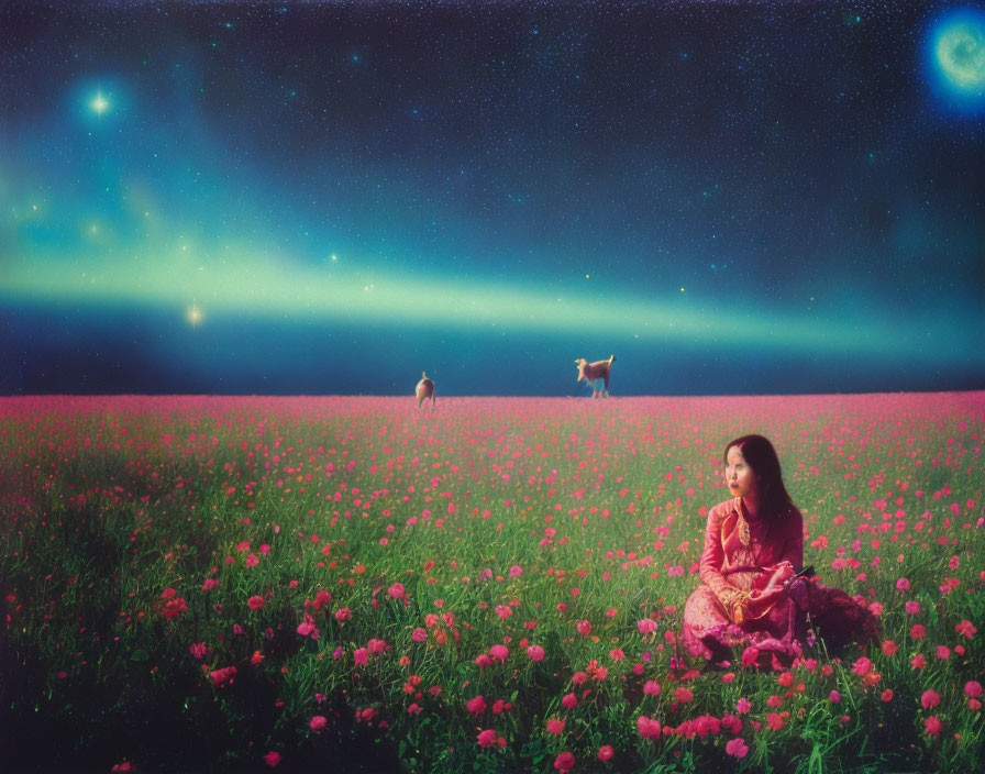 Woman in Red Dress Surrounded by Pink Flowers Under Starry Sky with Aurora Lights and Deer
