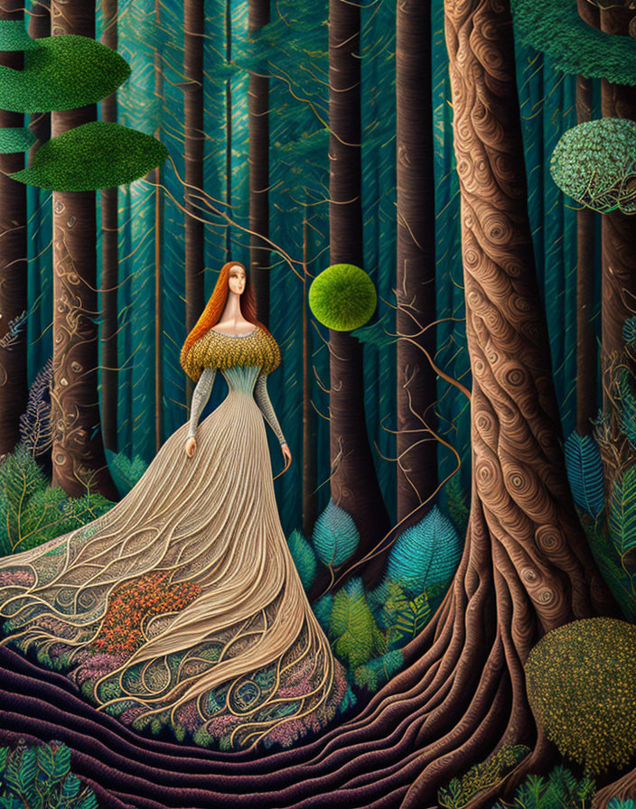 Illustration of woman blending into enchanted forest