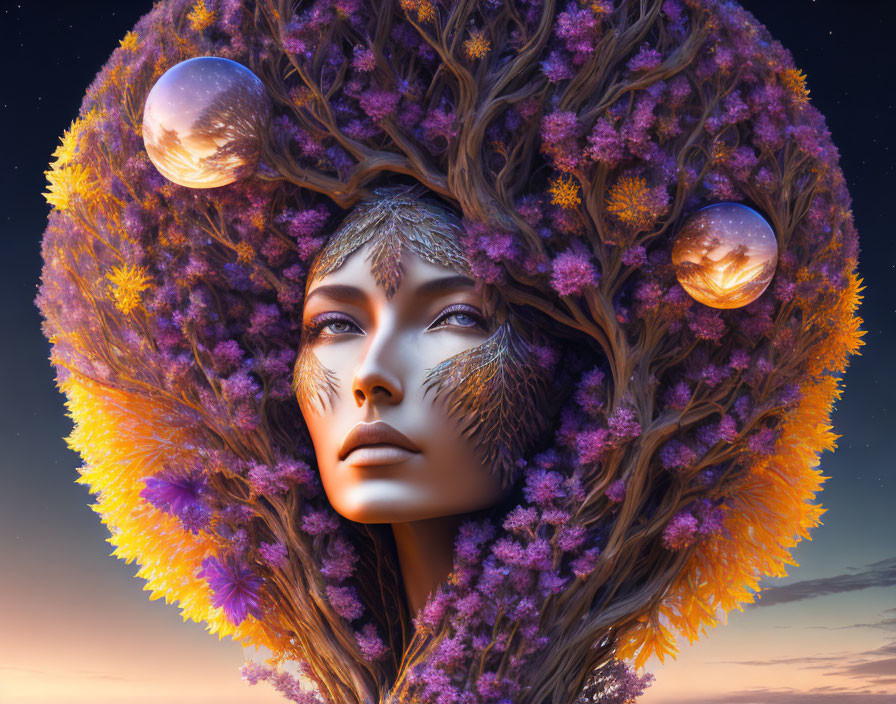 Surreal portrait of woman with tree and purple flower hair, orbs in twilight sky branches
