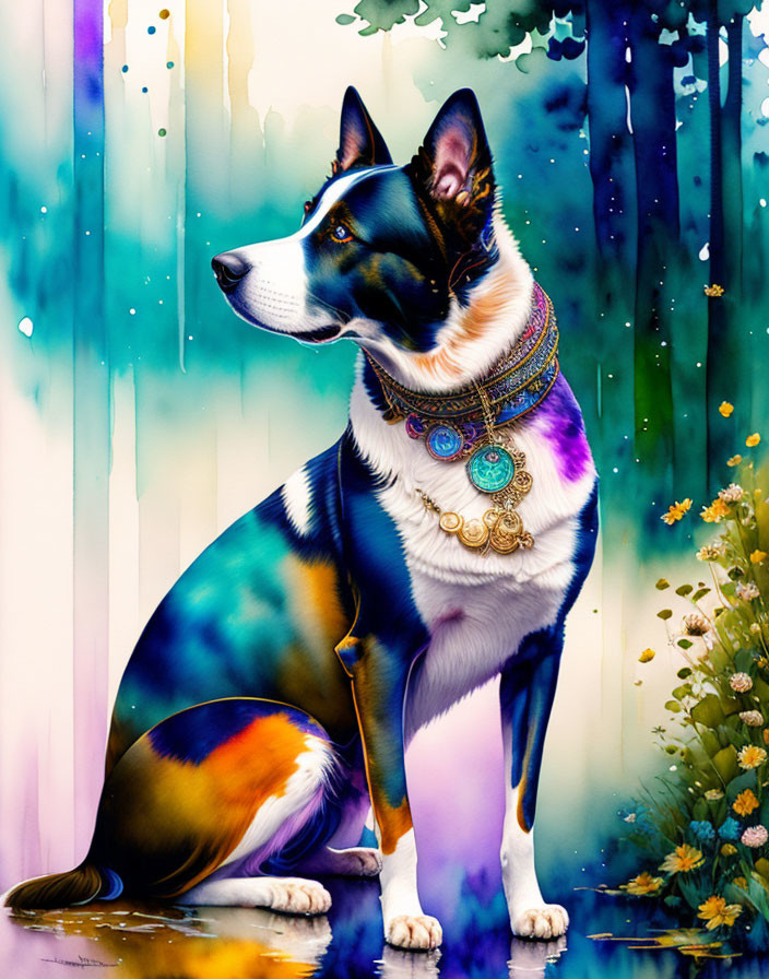 Vibrant Dog Illustration with Decorative Necklace and Flowers