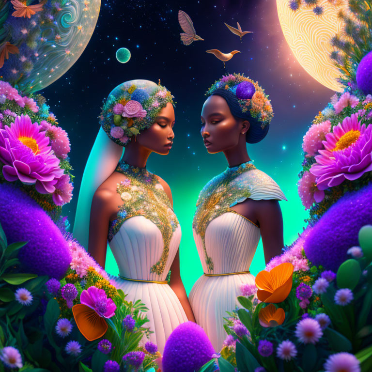 celestial women with birds, flowers, fairytale, in