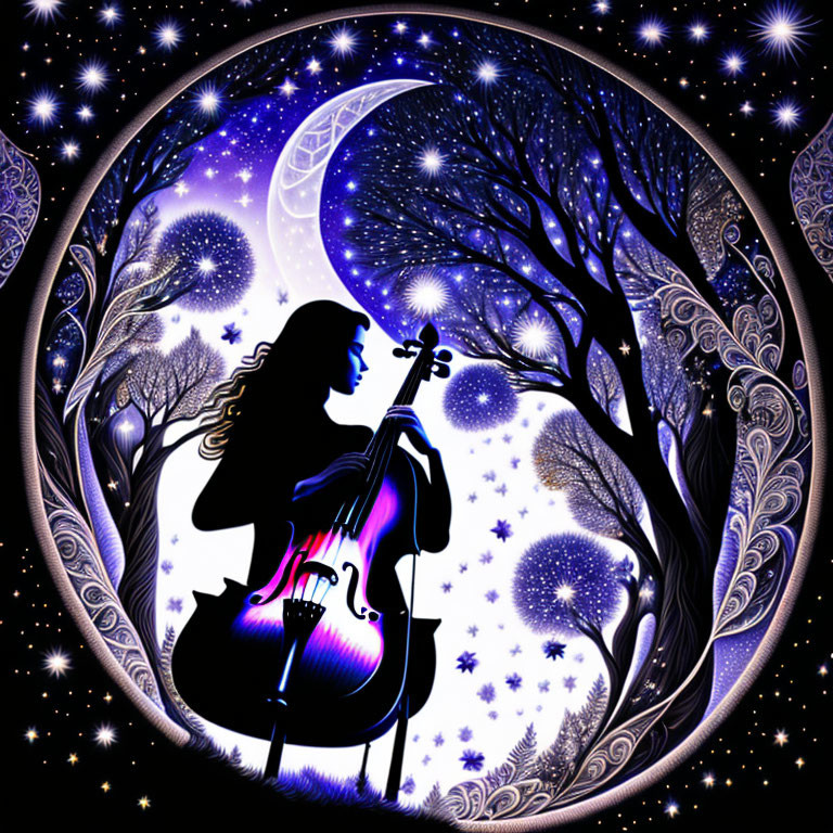 woman plays the cello watching stars, birds, flowe