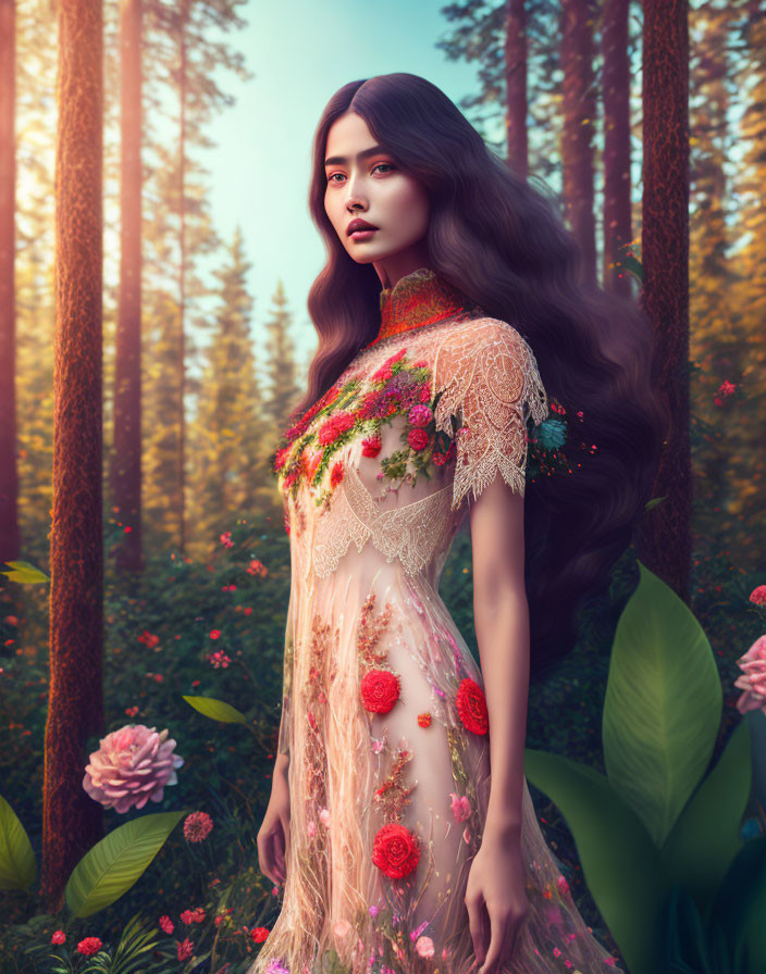 Ethereal woman in transparent floral dress in golden forest.