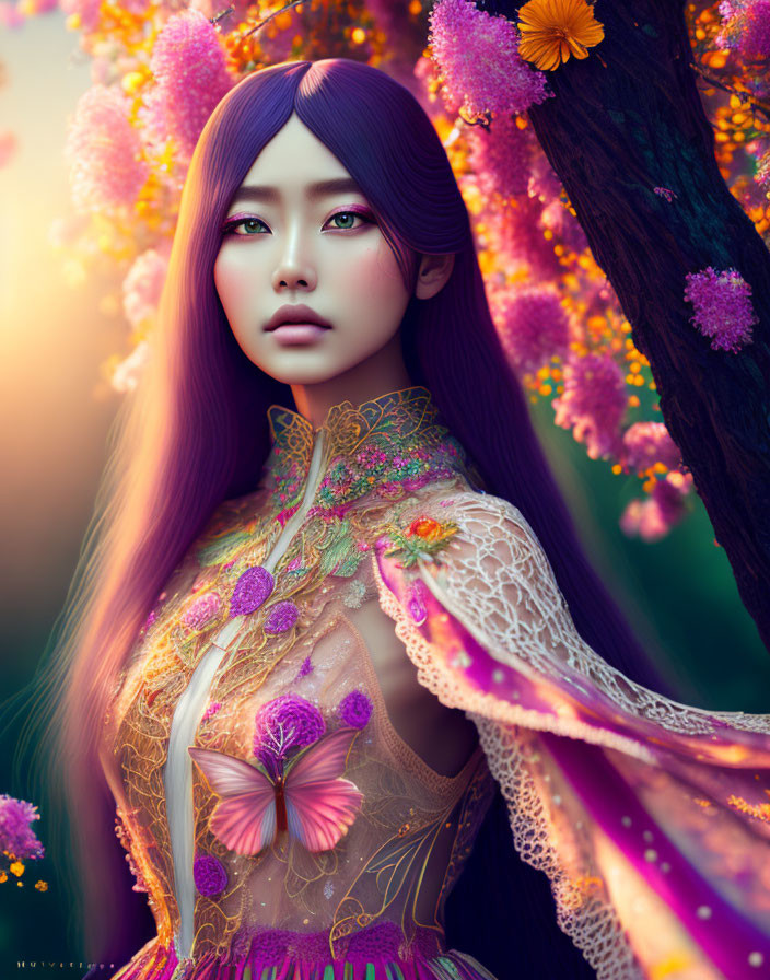 Digital Artwork: Woman with Violet Hair and Green Eyes in Floral Setting