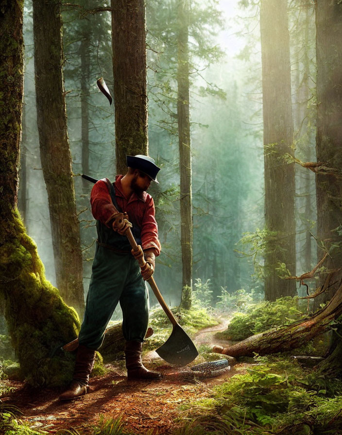 Man in vintage workwear throwing axe in sunlit forest