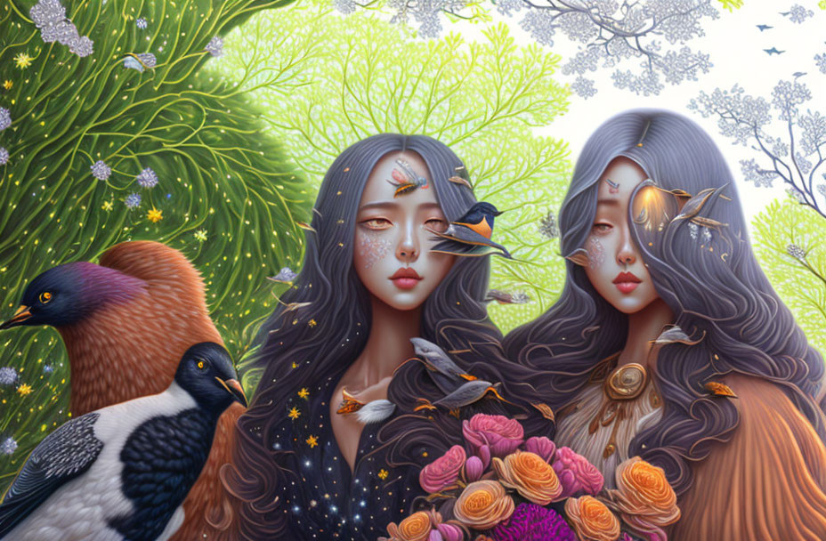 Digital Artwork: Two Women with Long Wavy Hair Surrounded by Birds and Butterflies