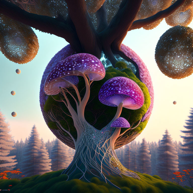 Fantastical illustration of luminescent mushrooms and tree on mossy sphere