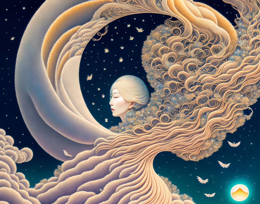 Surreal artwork: Woman's face merges with crescent moon in cosmic scene