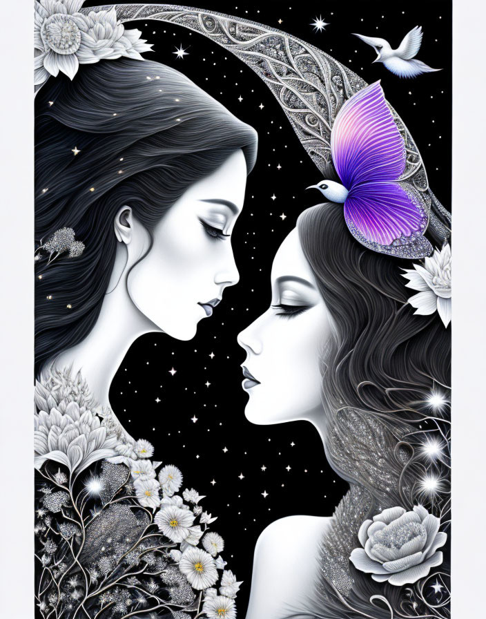 Illustration of two women with flowing hair, flowers, butterfly, and hummingbird against starry backdrop