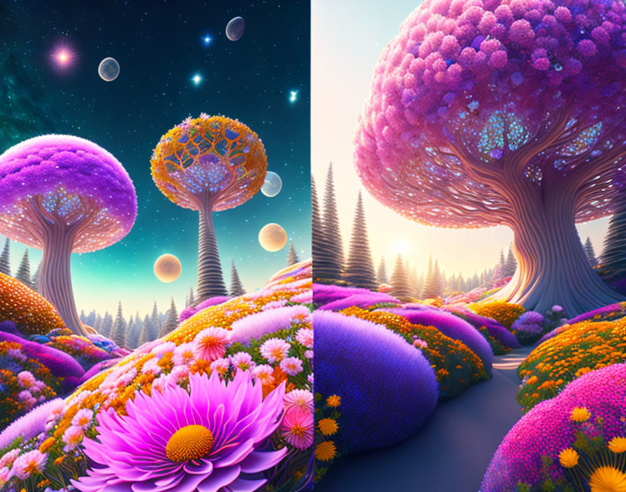 Colorful Mushroom Trees in Fantastical Landscape with Starry Sky