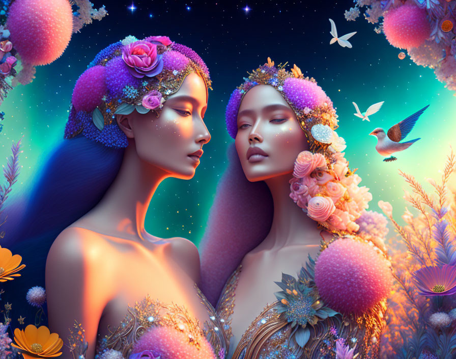 celestial women with birds, flowers, fairytale, in