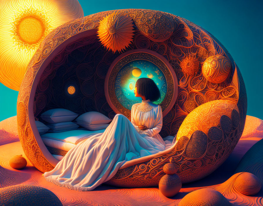 woman in Surreal artisanal bed made entirely of Su
