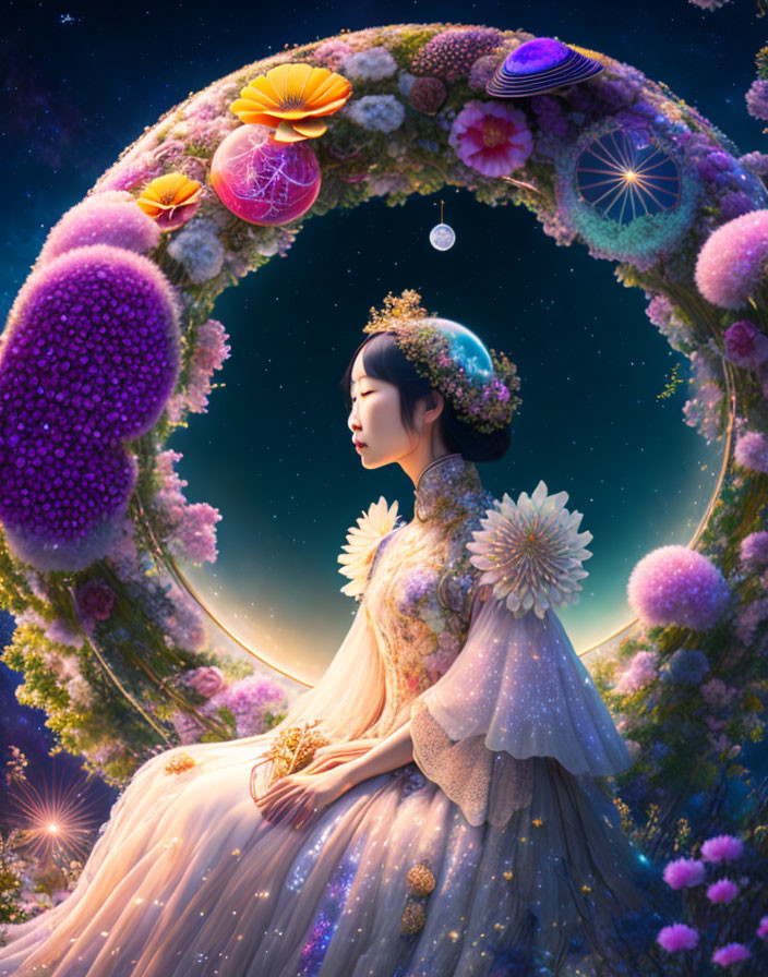 Ethereal woman in gown under oversized flower arch at night