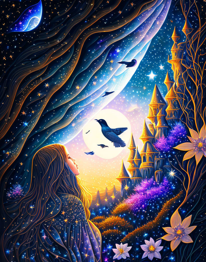 Whimsical night sky illustration with woman and glowing elements