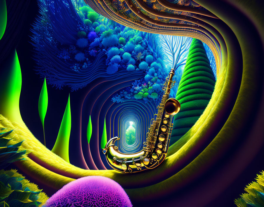 Abstract Digital Artwork: Vibrant Landscape with Saxophone Integration