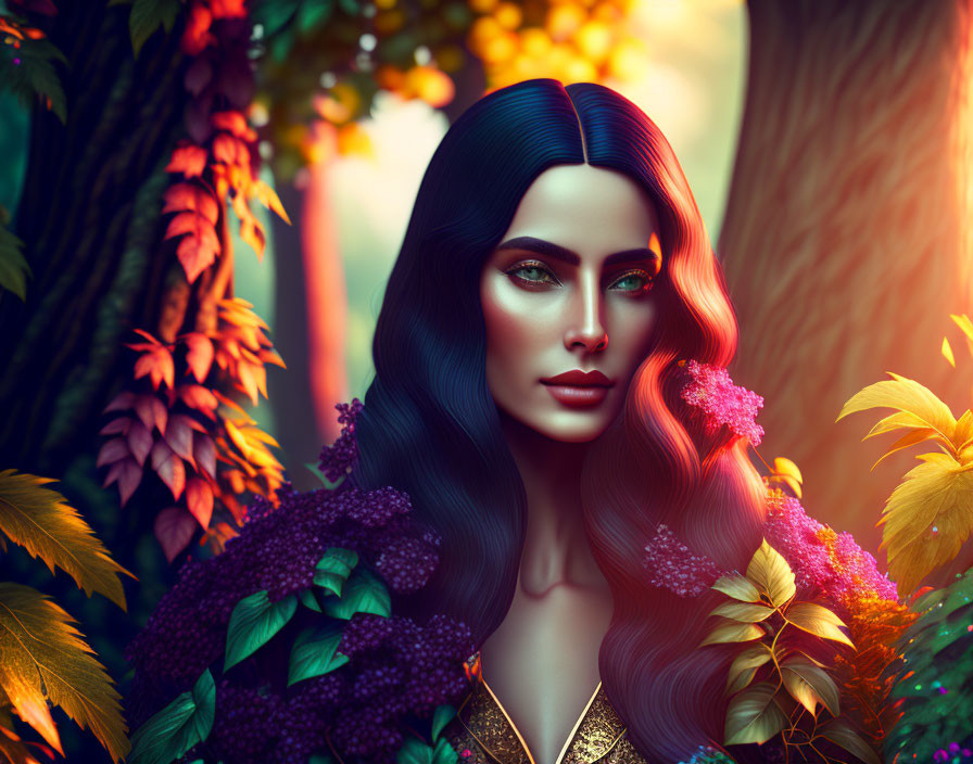 Digital portrait of woman with blue-black hair in autumn foliage and mystical forest setting.