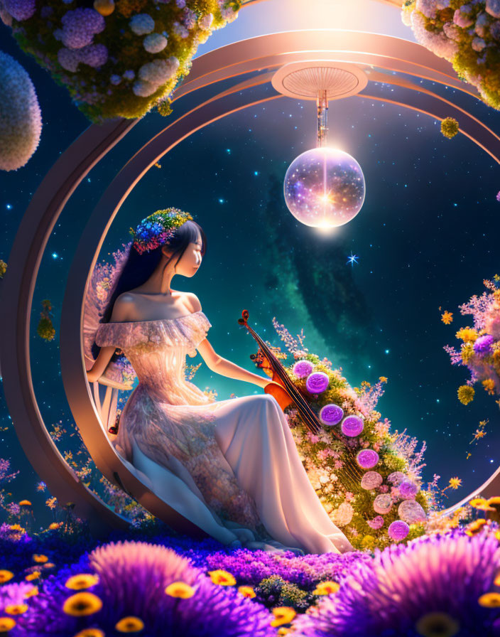 Woman playing cello in fantastical floral setting with cosmic background