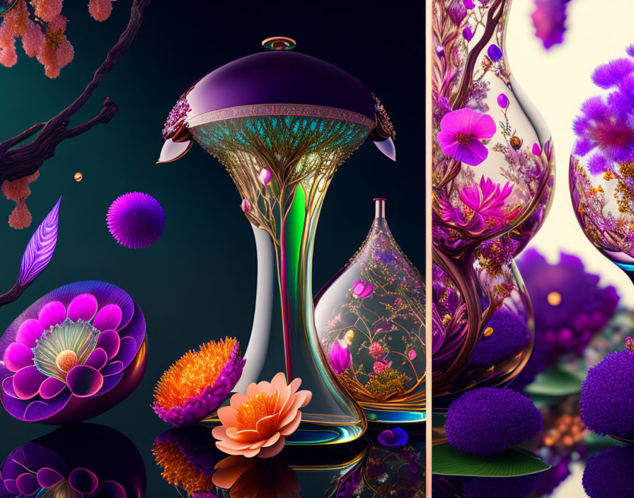 Vibrant digital artwork of stylized vases and fantastical flowers