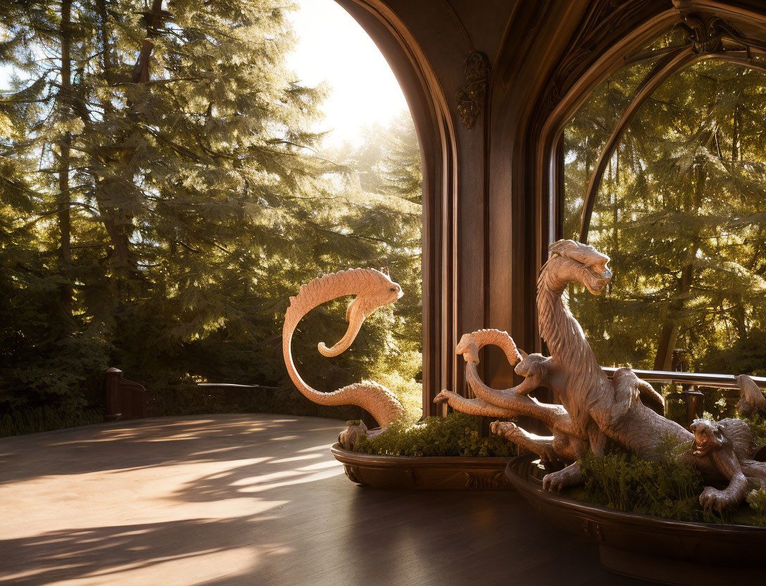 Intricate Sea Creature Carvings on Elegant Wooden Balcony