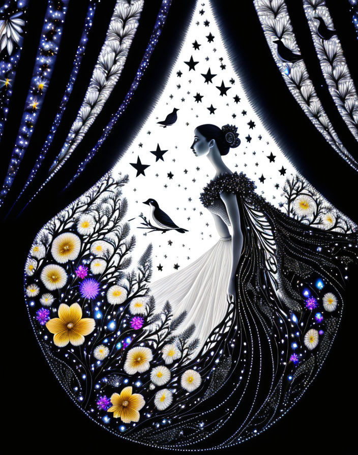 Stylized illustration of woman merging with cosmic scene