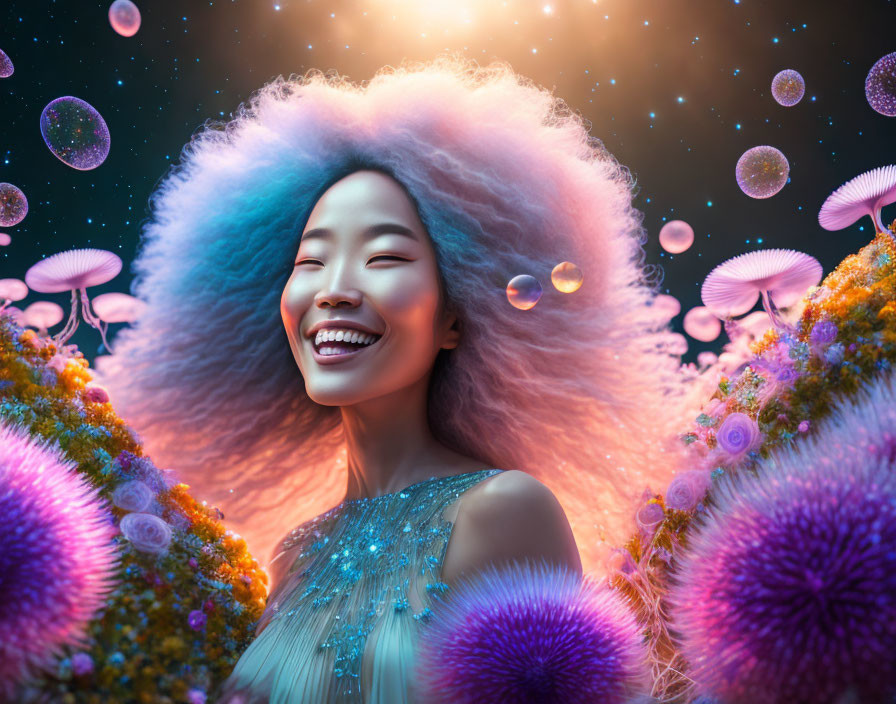 Radiant woman with voluminous hair in fantastical glowing mushroom scene