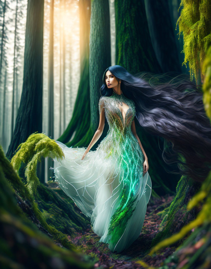 Woman in white gown with green accents in mossy forest with sunlight beams.